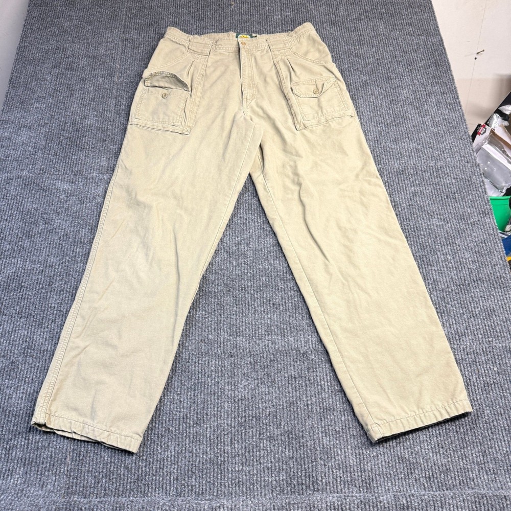 Cabelas Mens Size 36 Regular Flannel Lined Cargo Pants Khaki Cotton Canvas902730