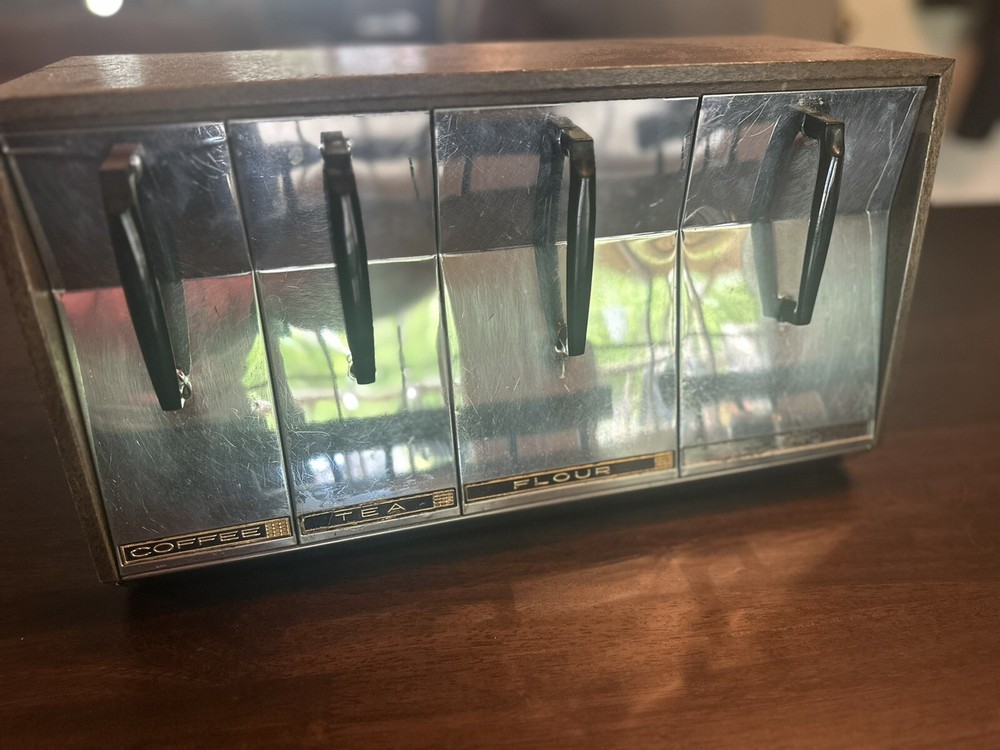 Vintage Lincoln Beauty Ware Chrome Canister Set Flour Sugar Coffee Tea Hanging 4