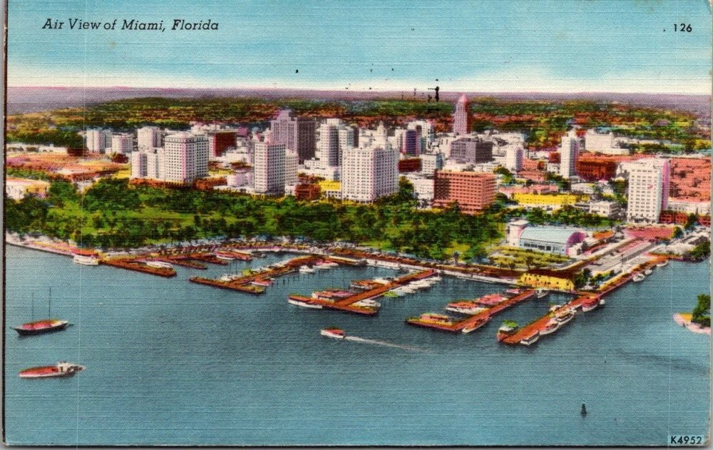 Vintage Linen Postcard Air View Miami Florida Hotels Yacht Basin 1954 Posted