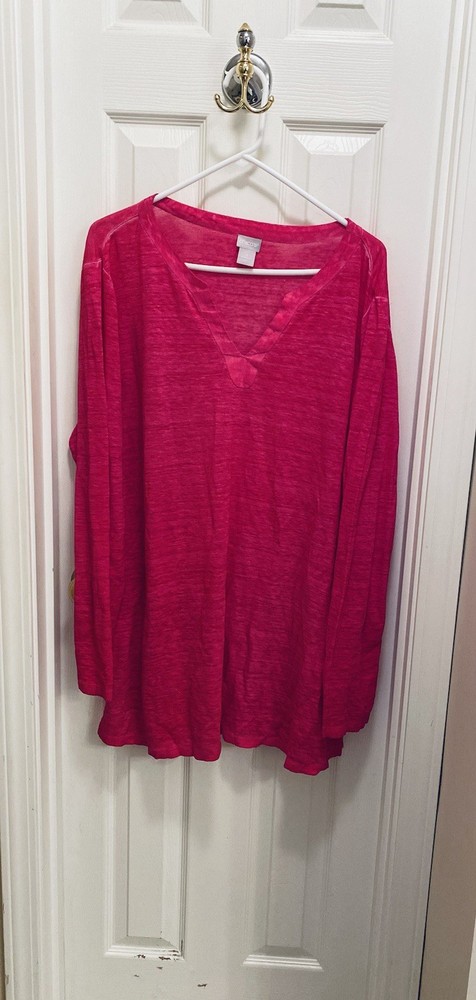 CHICOS Tunic Top Linen Womens Sz 3 US XL Pink Slub Knit Tee Long Sleeve V-neck