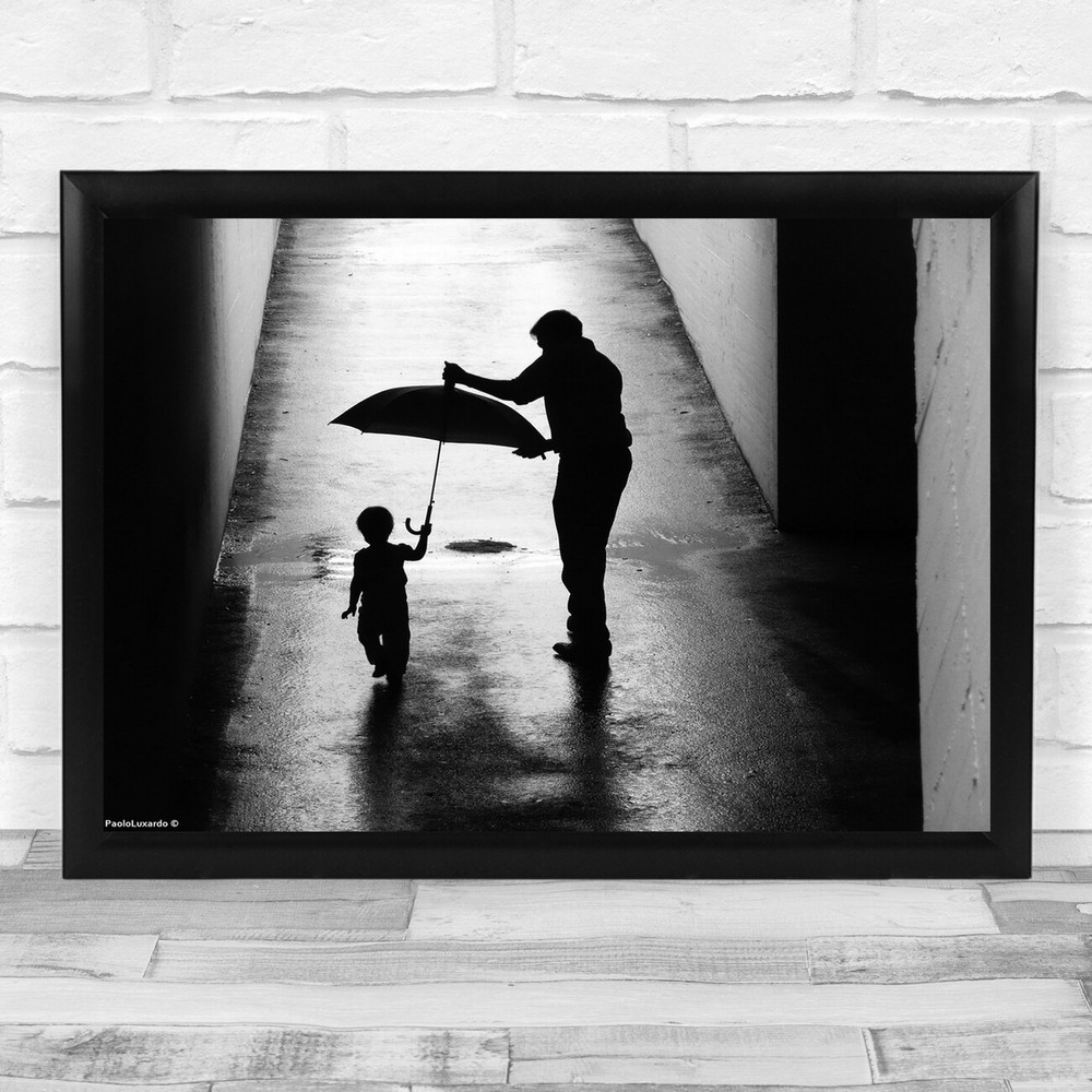 Father and Child with Umbrella Silhouette Wall Art Print  