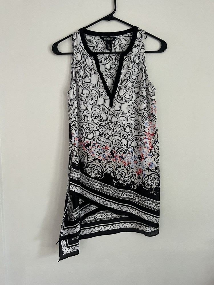 White House Black Market Womens Abstract Print Black White AOP Blouse-image