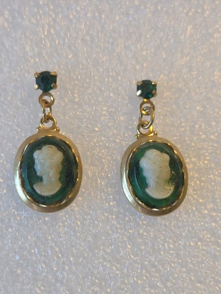 Vintage Green & Gold-tone Cameo Earrings