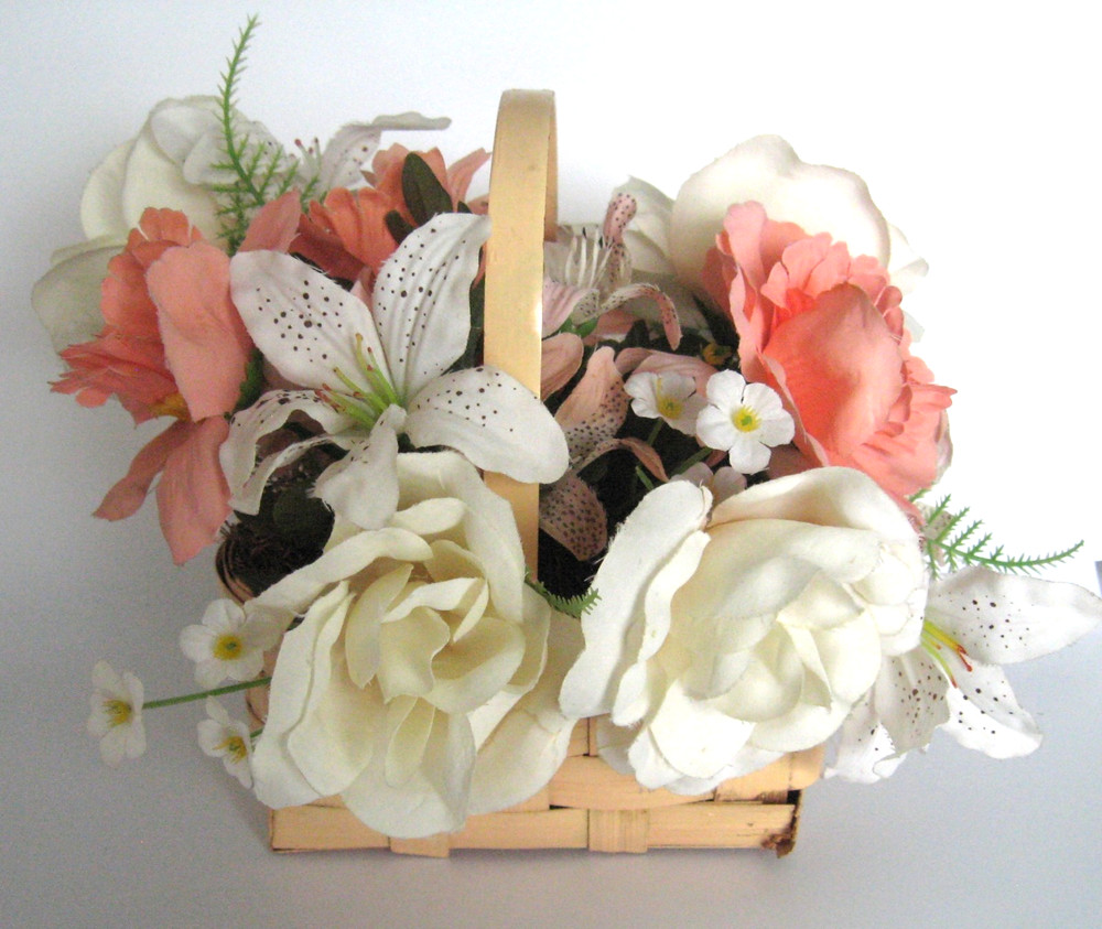 Artificial Floral Arrangement in Basket White Roses Lilies Peach Flowers Ferns