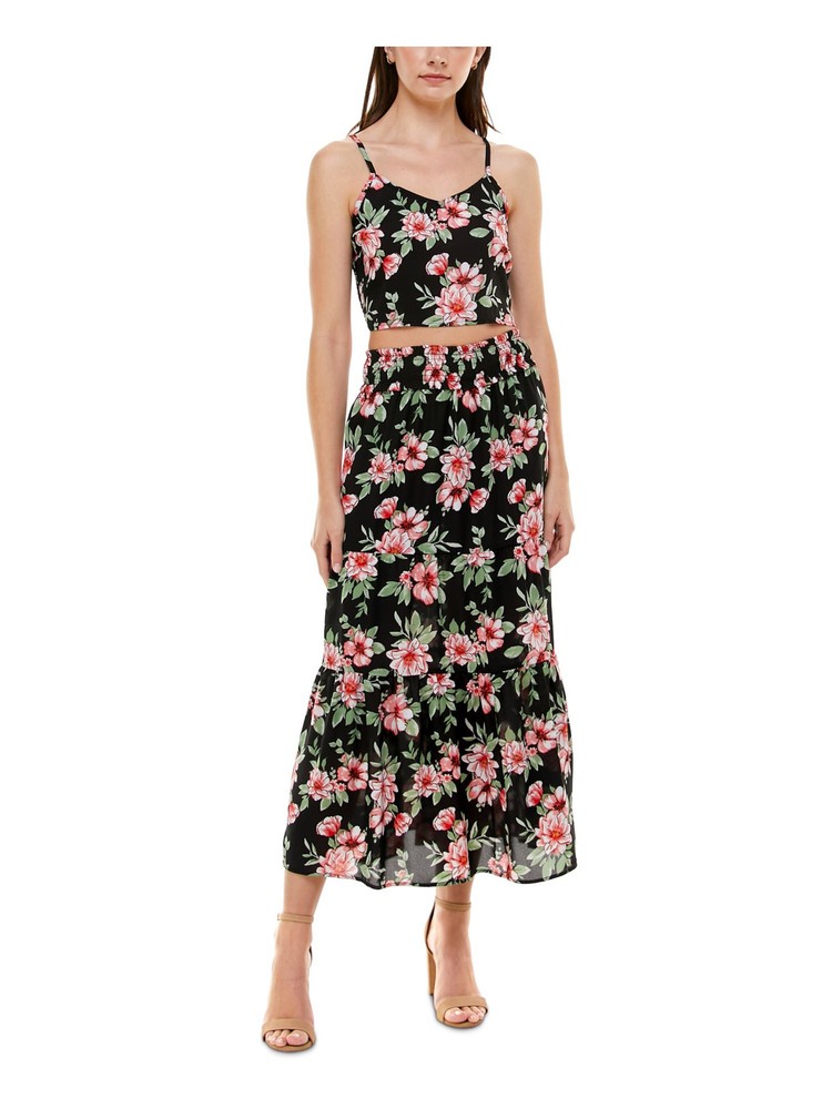 Almost Famous Womens Black Floral Spaghetti Strap Crop Top