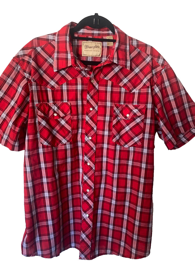Men's WRANGLER Western Plaid Short Sleeve Snap Shirt Size XL RED Very Good