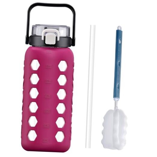 64oz Half Gallon Glass Water Bottle with Straw in Rose Pink