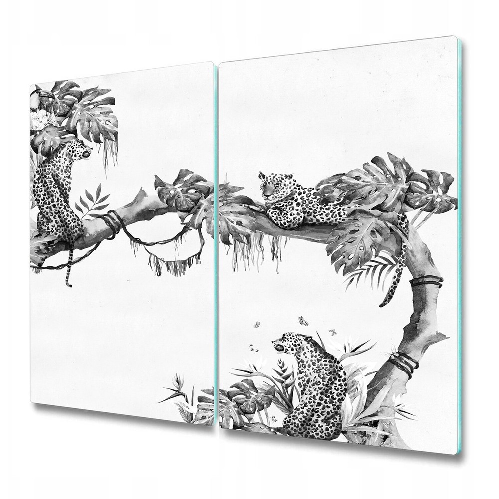 Glass Kitchen Chopping Cutting Board Tropical Cheetahs Black and White Floral
