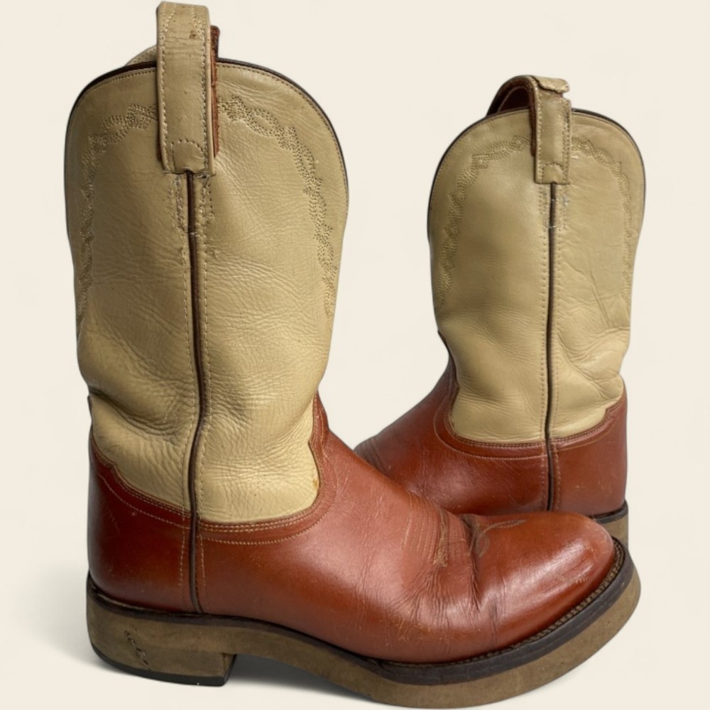 Old West Ivory Brown Leather Cowboy Boots with Long Straps for Men Size 10 D