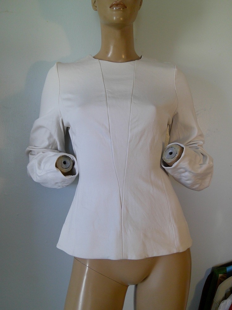 MM. Lafleur Rashida Top Ivory Long Sculpted Sleeves V-Shape Seam Nipped Waist S