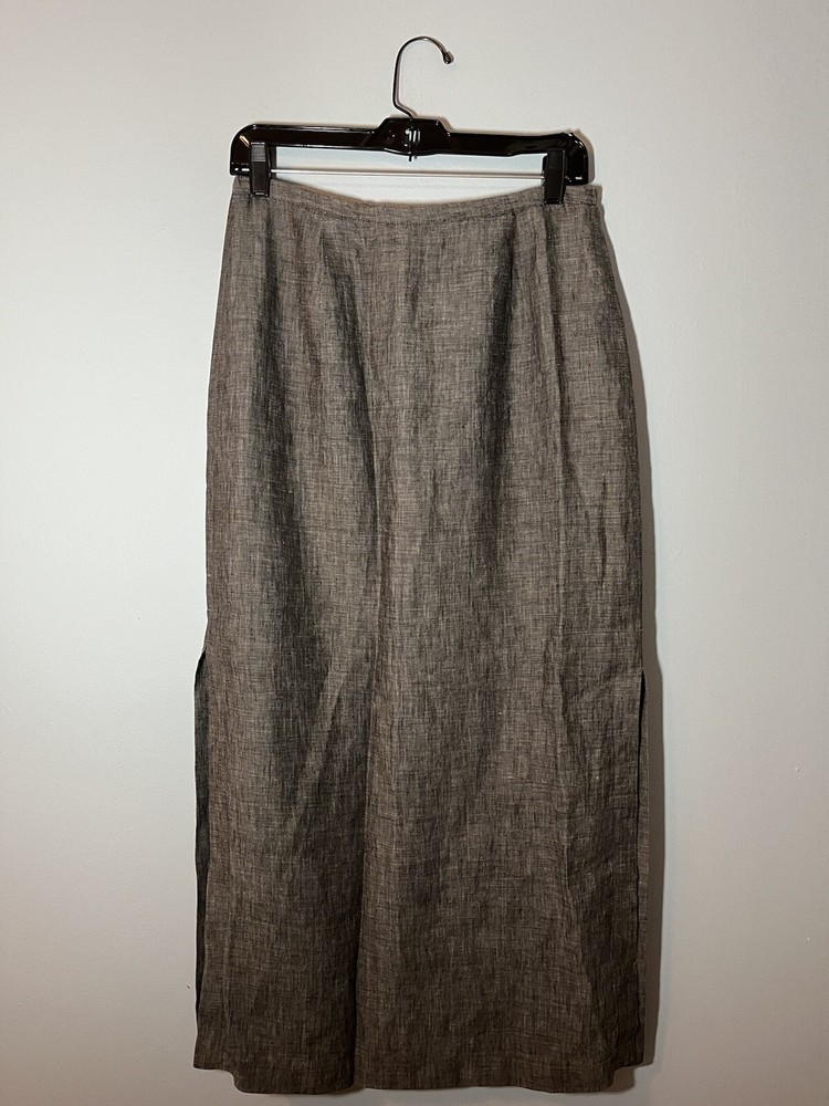 Linen Maxi Skirt Womens 6 Medium Button Side Slits Gray Lined Lagenlook Staple