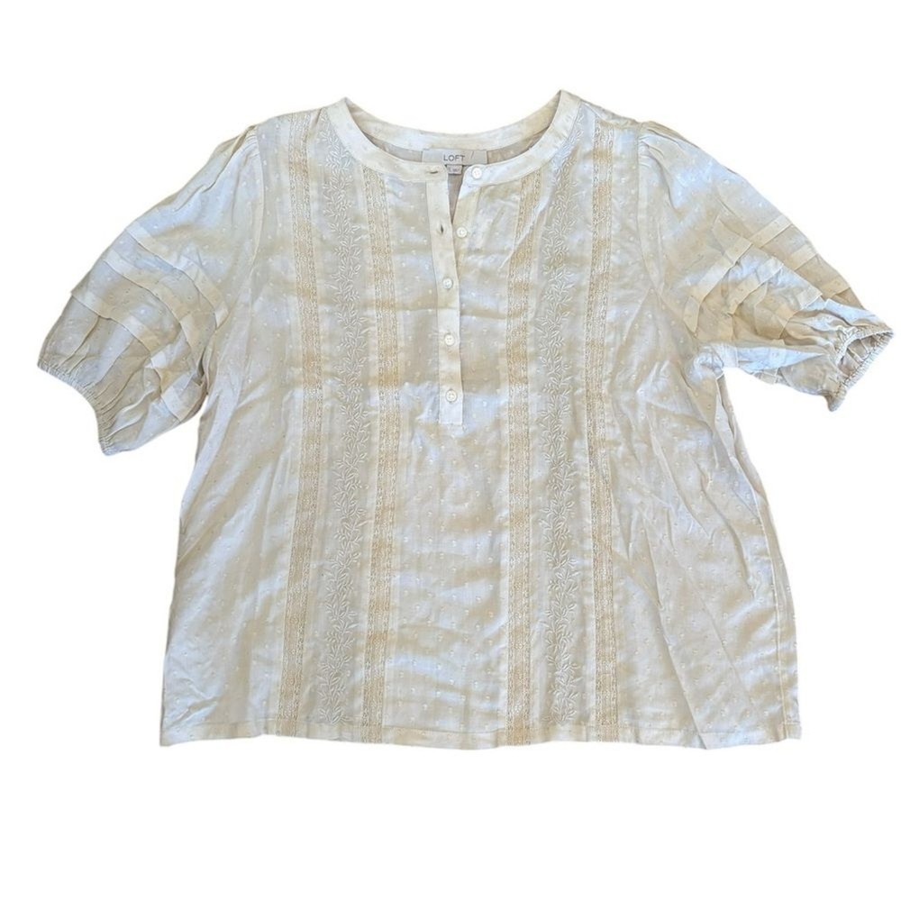 Loft Swiss Dots Embroidered Blouse Boho Puff Sleeve Victorian Womens Large NWT