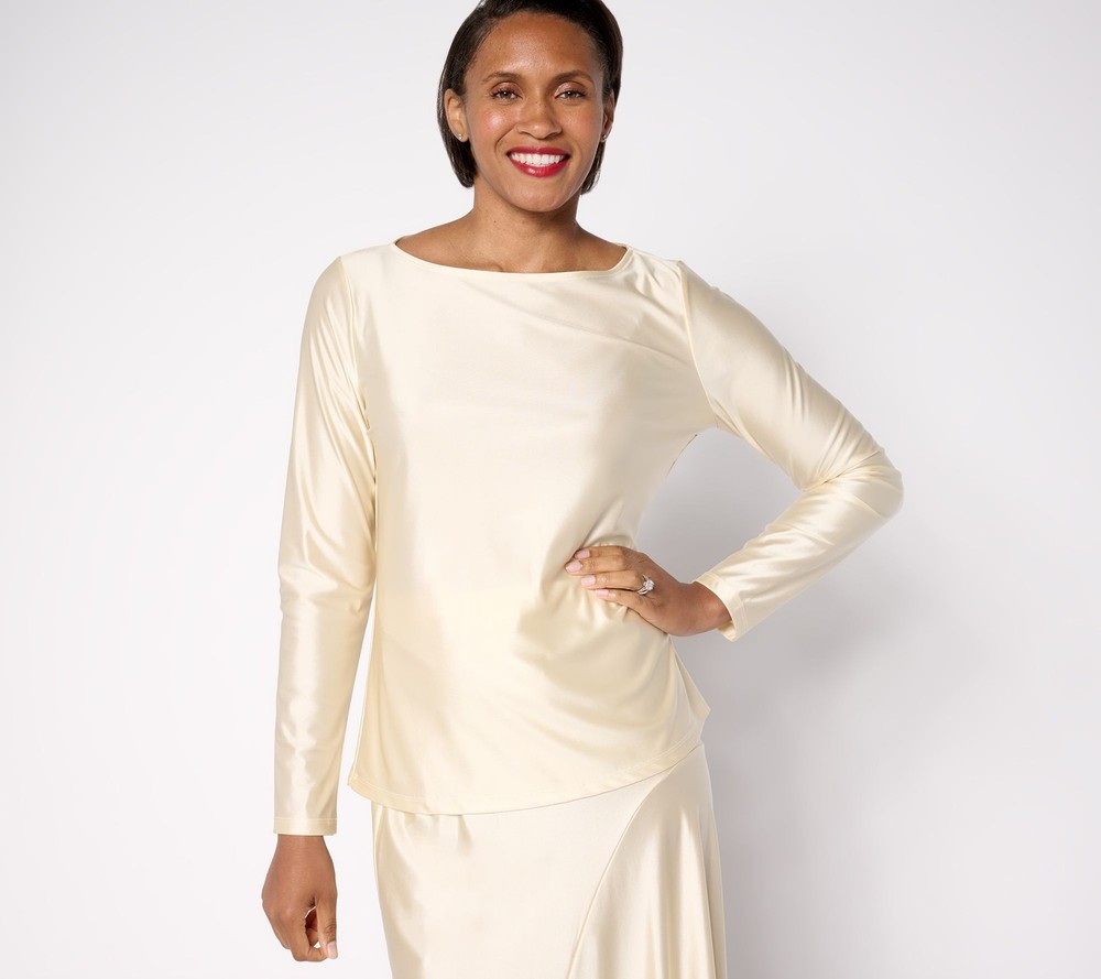 Women Control Women's Top Plus Sz 1X Fluid Satin Boat Neck White A667187