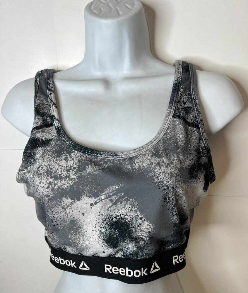 Reebok Women's Black Gray Tie Dye Strappy Sports Bra Size Medium (NO PADS)