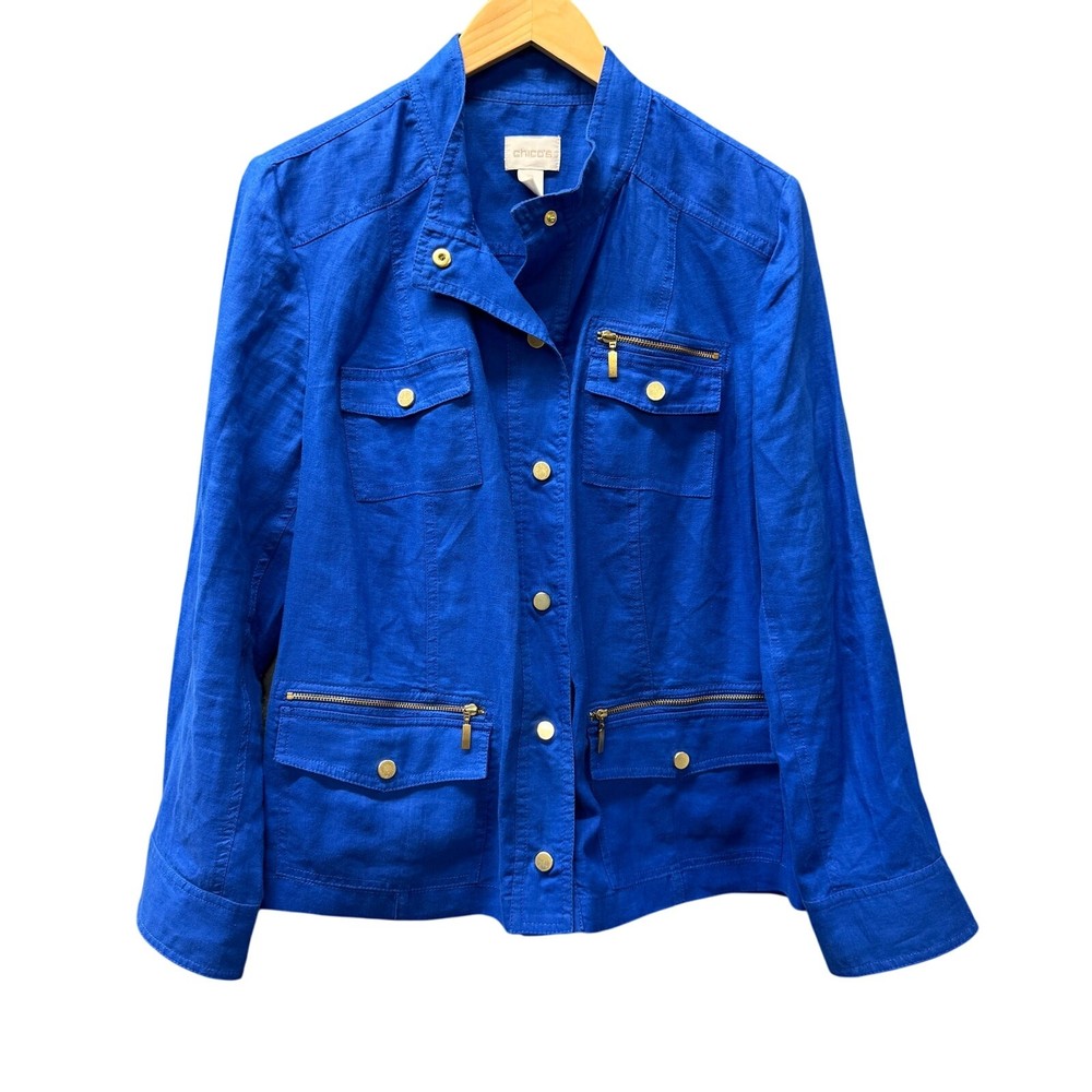 Chico's Linen Jacket Womens Large Blue Snap Up Coastal Field Zipper Details