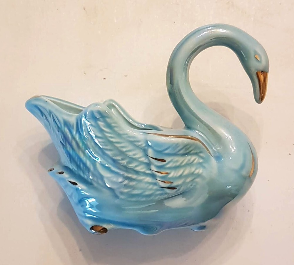 Royal Copley Porcelain Swan Planter MCM VTG Irriescent Blue Lusterware Figurine
