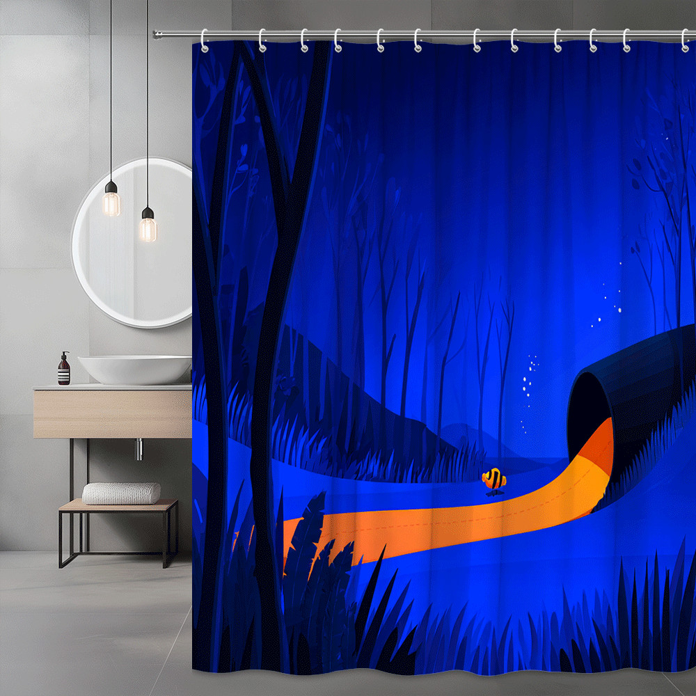 Blue Forest Tunnel Shower Curtain Cartoon Fish Print