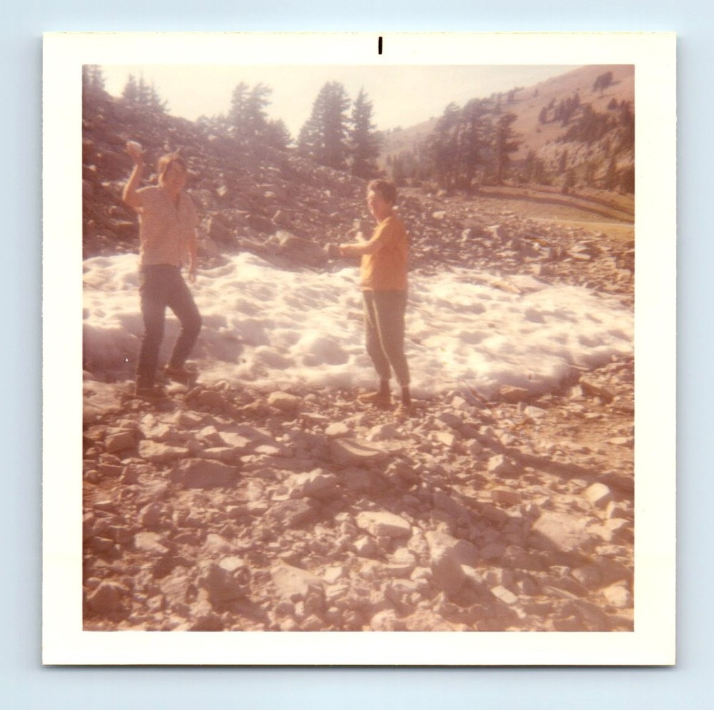 Old Vintage Square Color Photo WOMEN PAIR DUO SNOWBALL FIGHT SNAPSHOT PIC