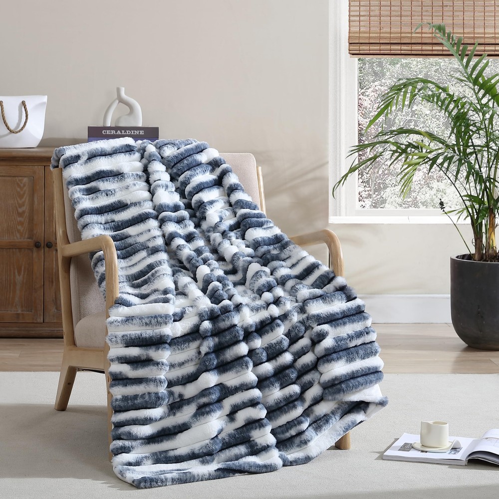 Blue Abstract Printed Ribbed Faux Fur Throw Blanket - 50