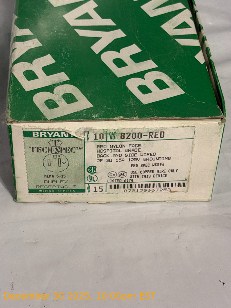 NEW Bryant 8200RED Duplex Receptacle Red Nylon Face Hospital 15A 125V NEMA 5-15
