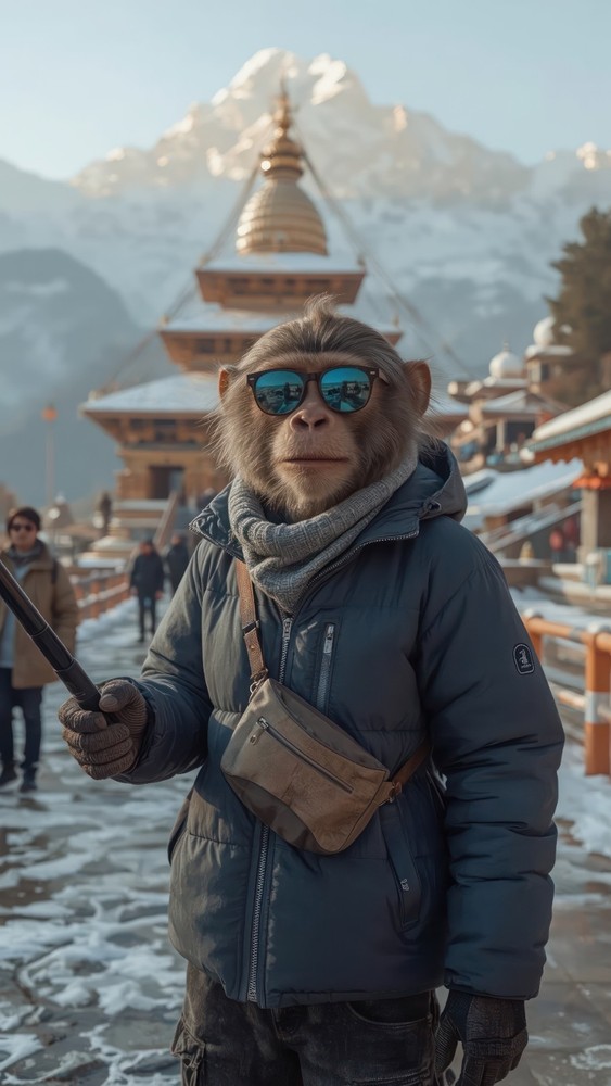 Cool AI-Generated Monkey Tourist in Snowy Mountains | Funny Winter Wall Art