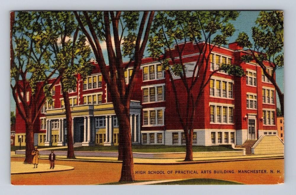 Manchester NH-New Hampshire, High School, Arts Building, Vintage c1940 Postcard