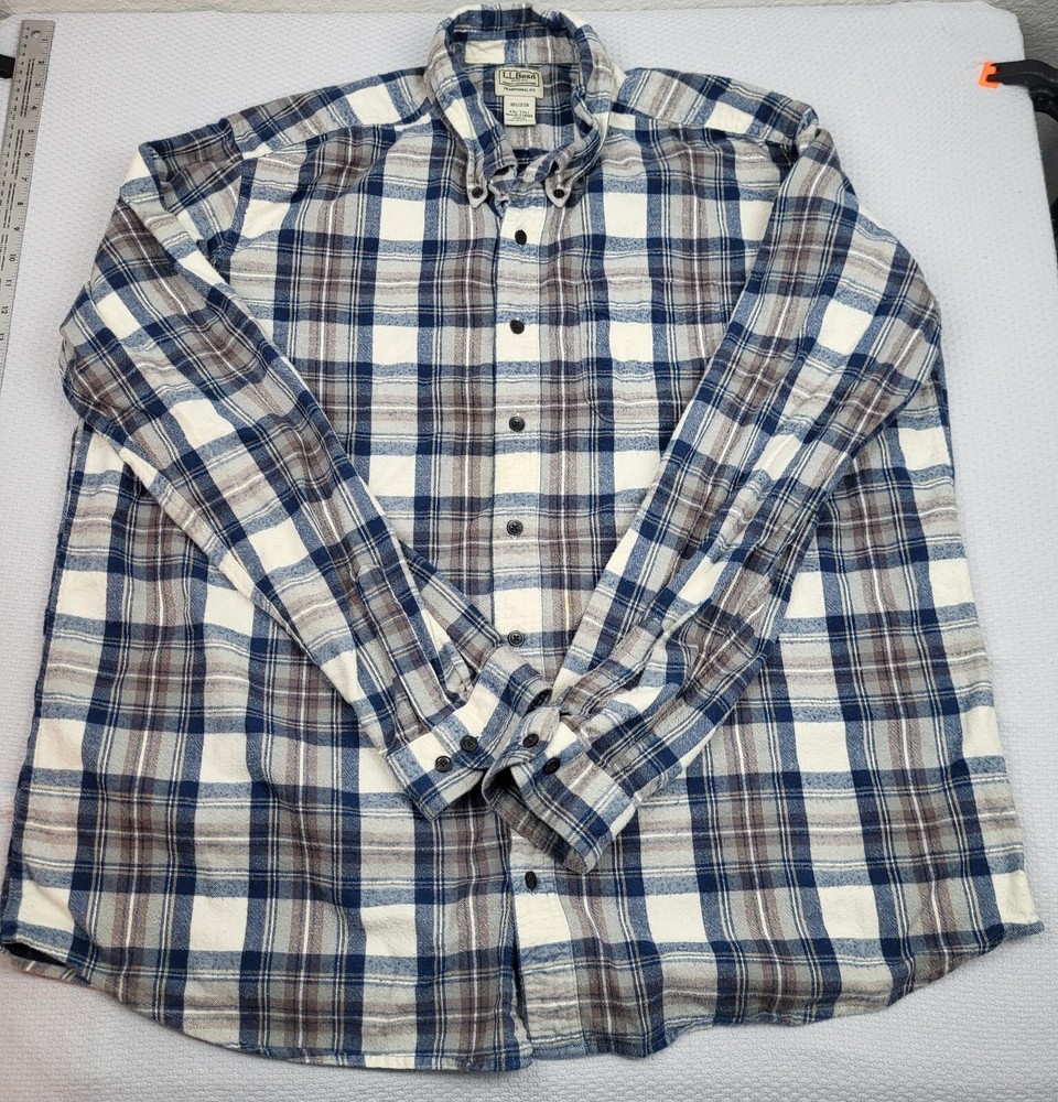 LL Bean Traditional Fit Mens 2XLT Brown Blue Plaid Flannel Shirt