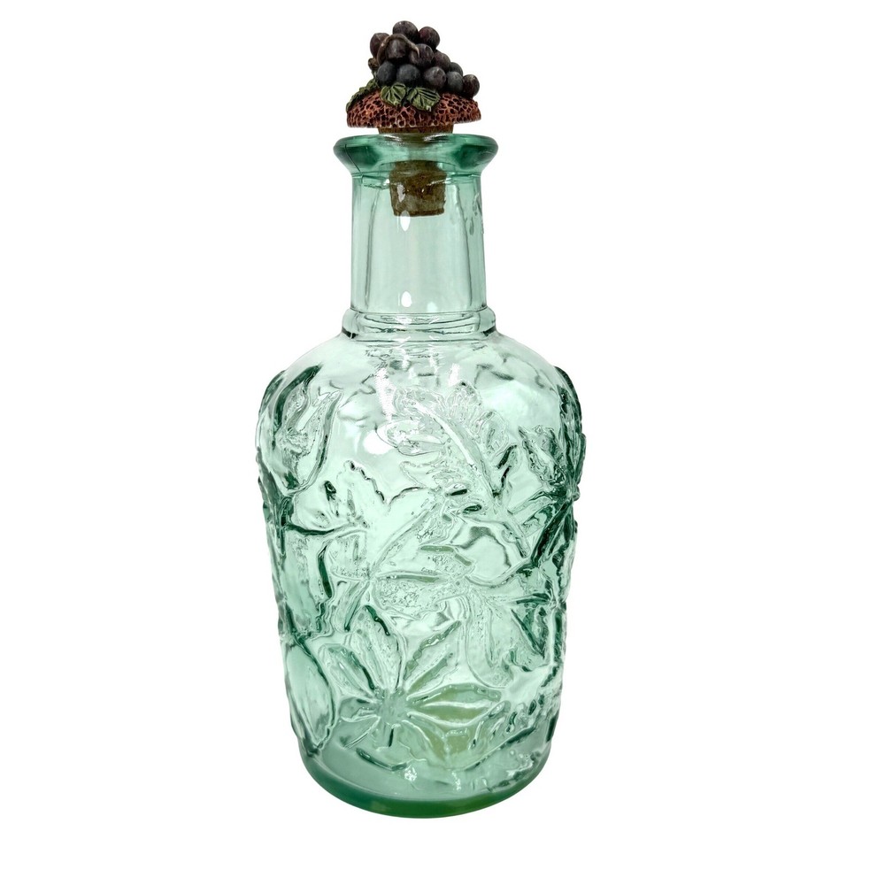 Vintage Style Green Embossed Floral Glass Bottle with Grape Stopper Made Canada