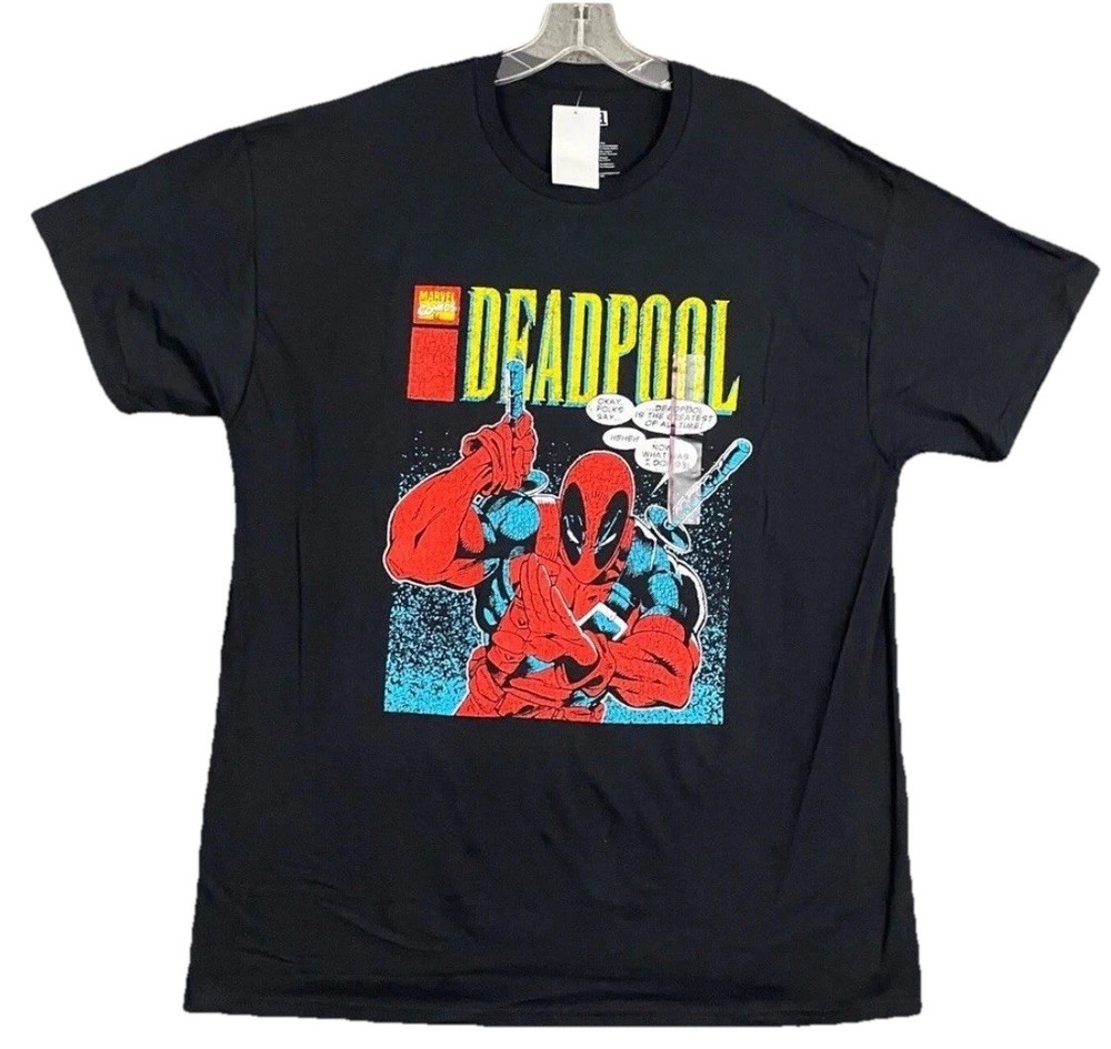 Marvel T-Shirt Mens Size L Black Deadpool Comics Graphic Cotton Casual Dad movie