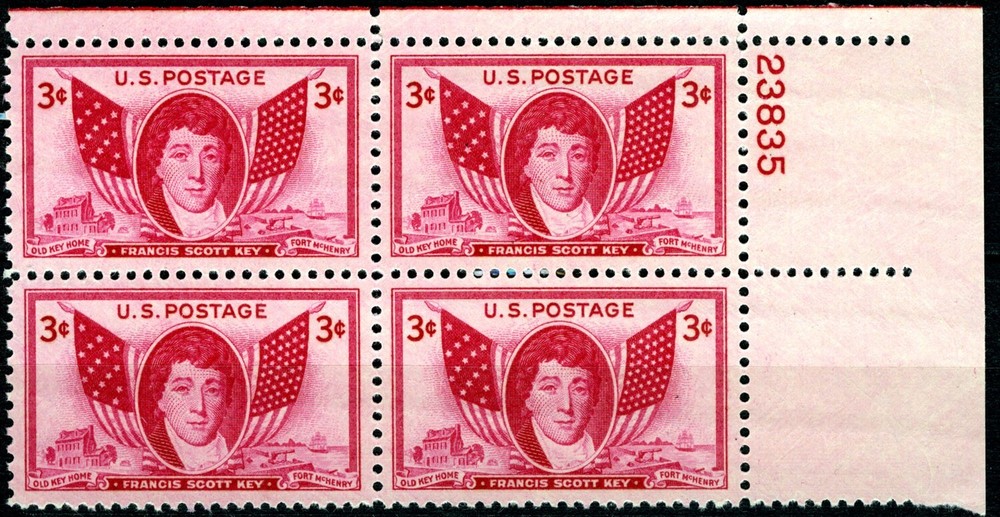 1948 3¢ Francis Scott Key Mint NH Plate Block of 4 Stamps SC# 962