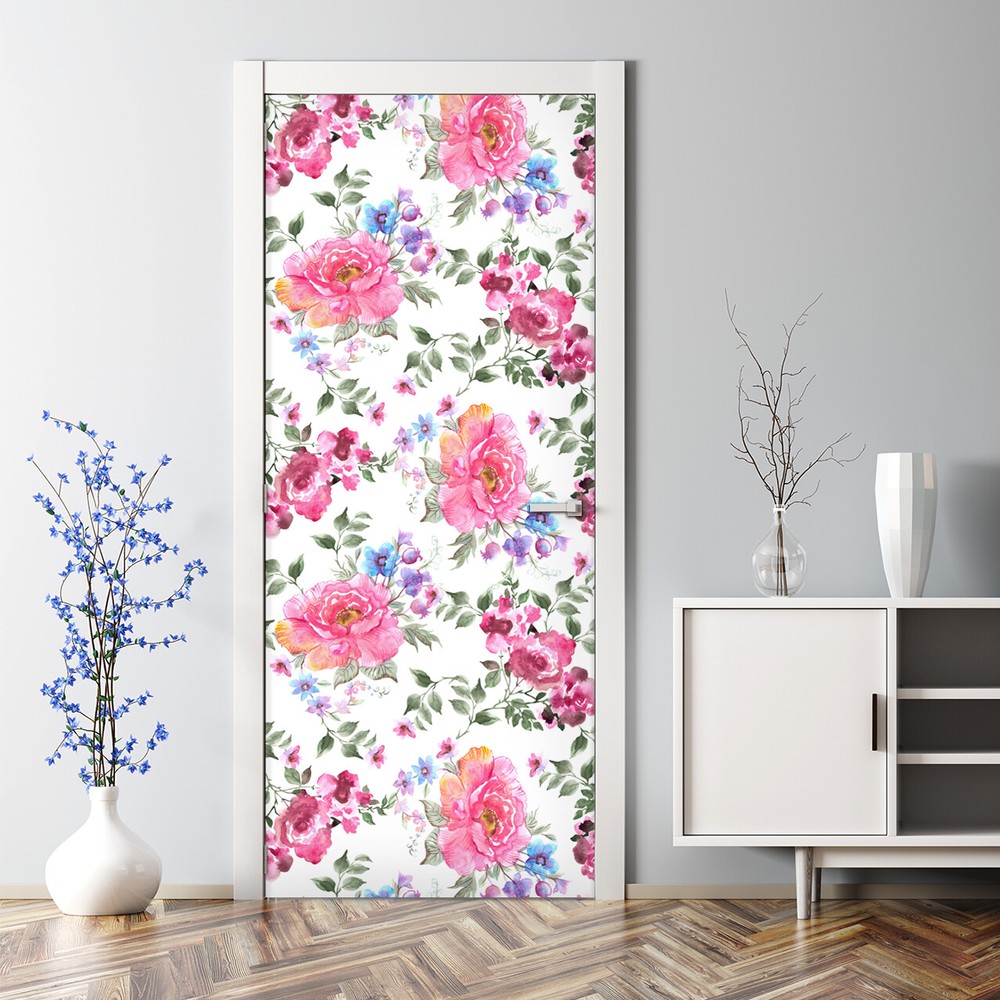 Pink Watercolor Roses Romantic Reusable Door Decal Floral Design
