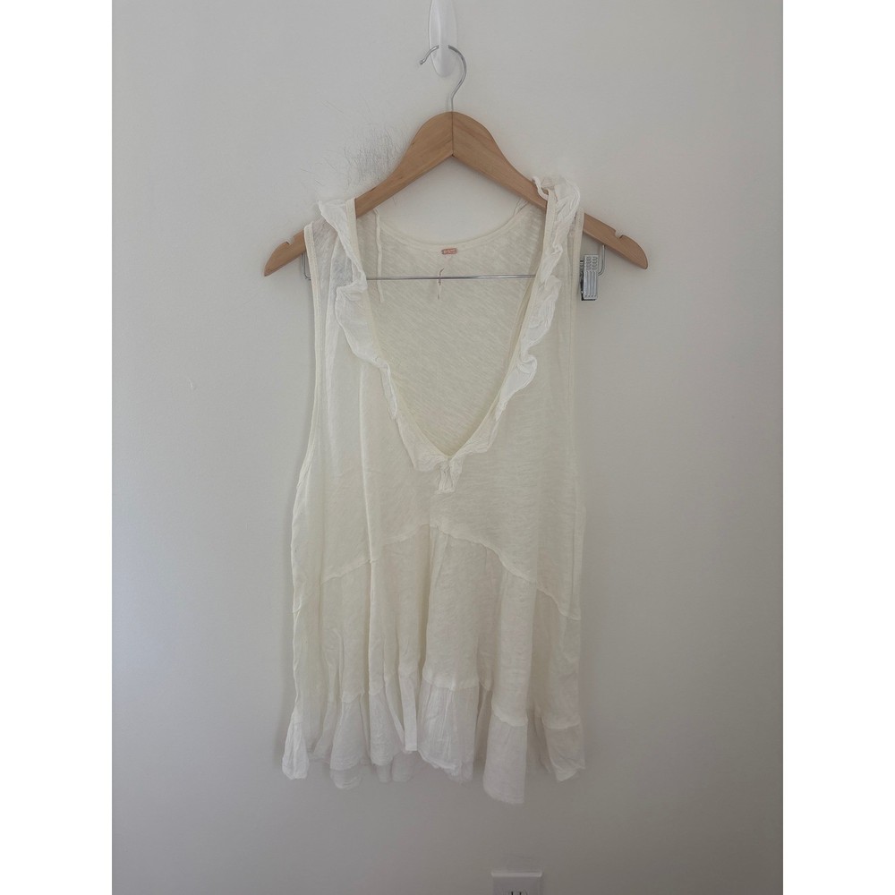 Free People Ivory Ruffle V-Neck Tiered Babydoll Tunic Tank Top XL Cream White
