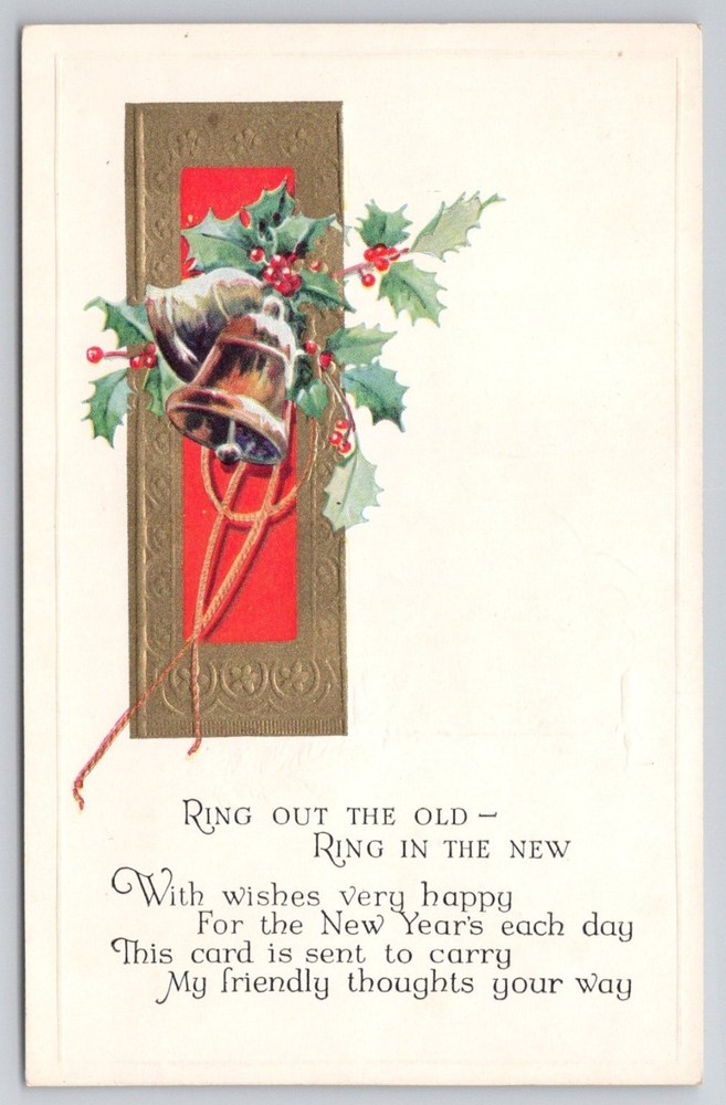 Vintage Embossed New Year Postcard - Bells Holly Poem - 