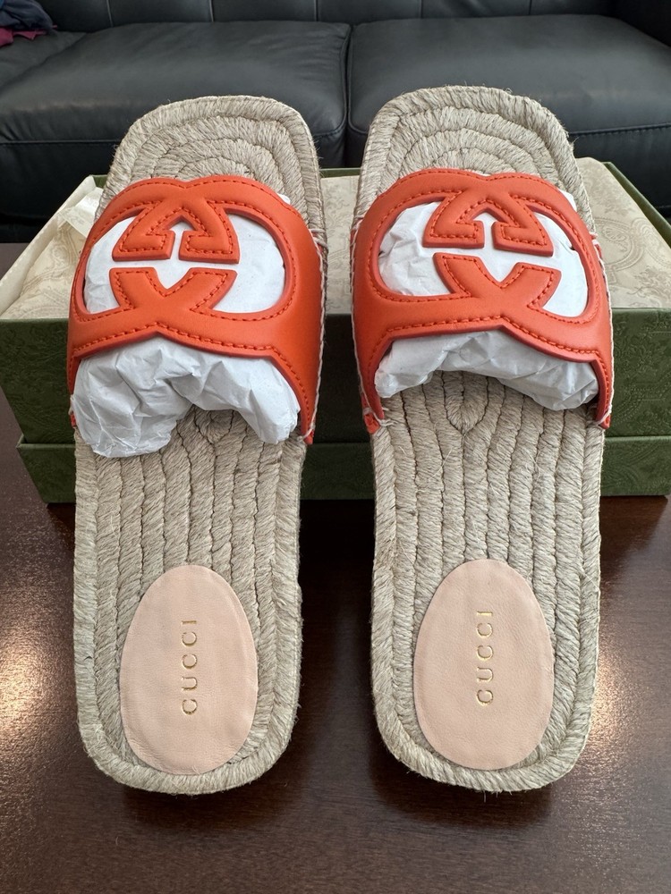 NEW Gucci Interlocking GG Cutout Espadrille Sandals Leather Orange Cosmos Sz 37