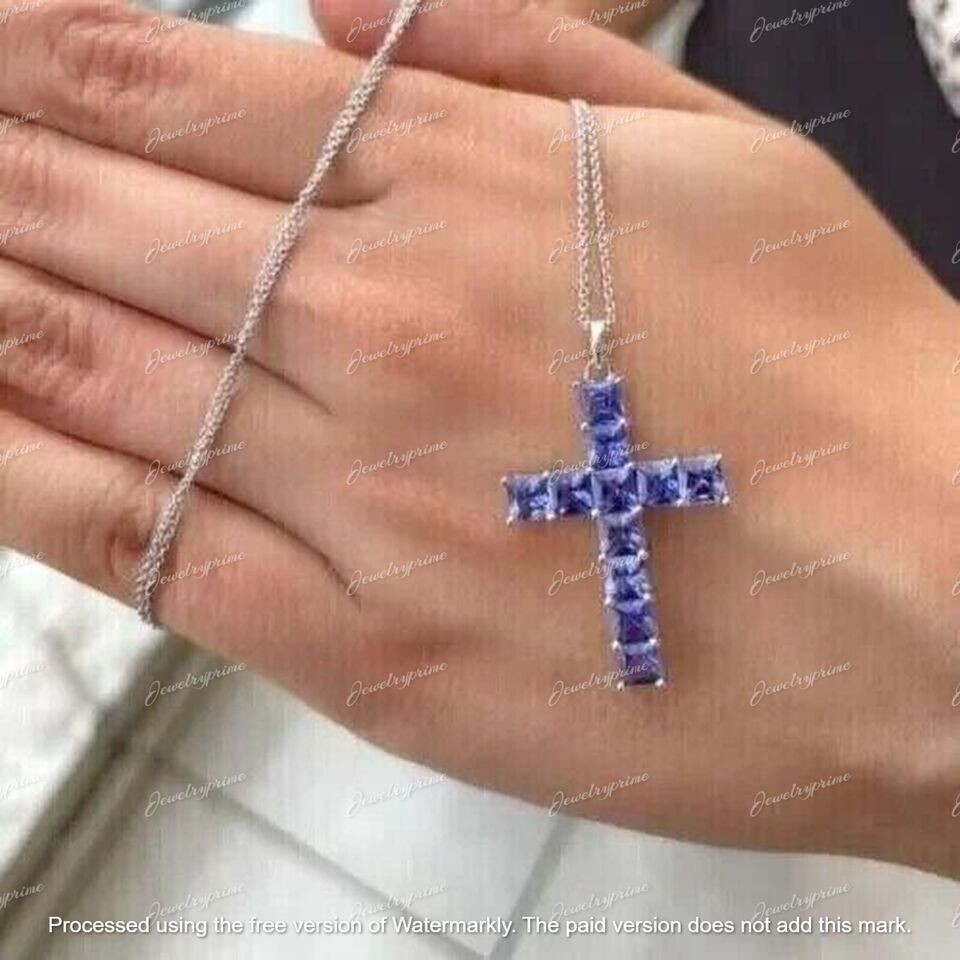 2Ct Princess Cut Blue Tanzanite Cross Pendant Necklaces 14k White Gold Finish