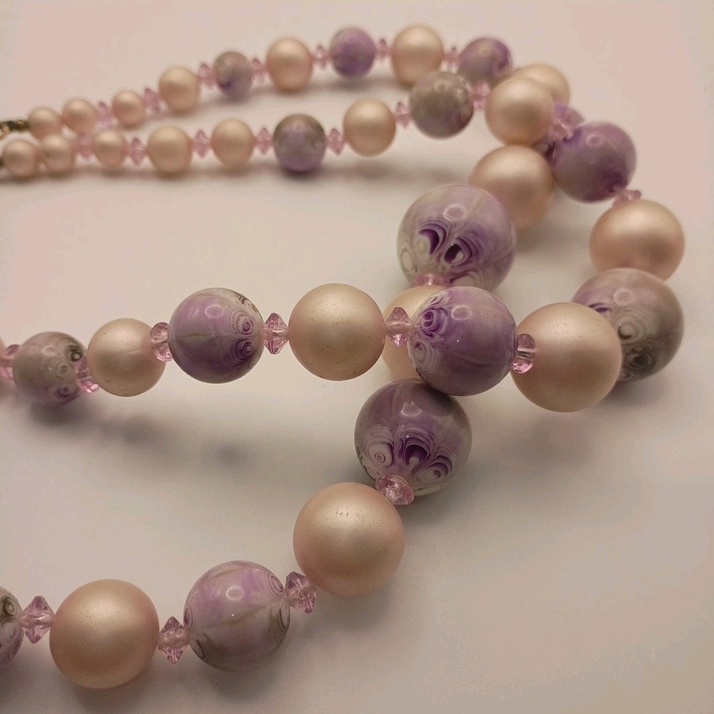 Vintage Double Strand Faux Pearl & Purple Swirl Beads Choker Necklace  14