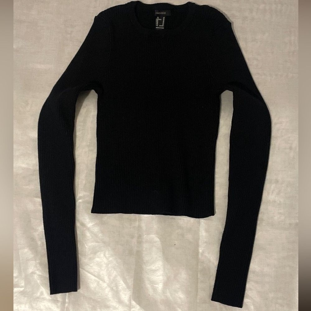 Forever 21 Black Ribbed Knit Long Sleeve Top Womens Medium