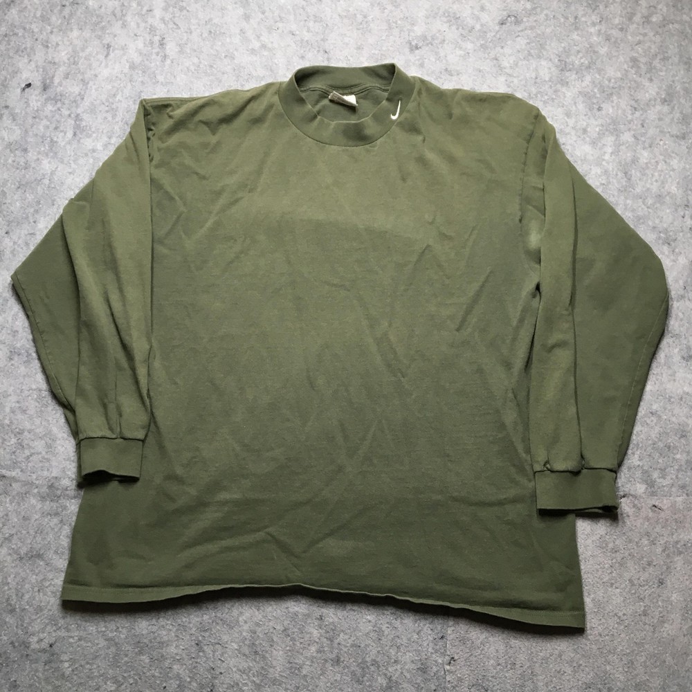 Vintage Nike Shirt Mens 2XL Green Mock Neck Long Sleeve 100% Cotton Made USA 90s