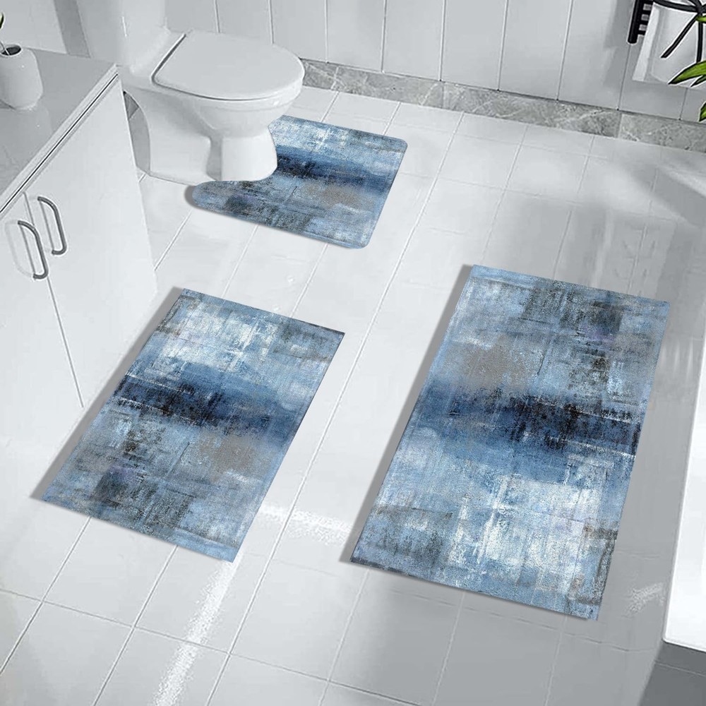 Blue Bathroom Rug Set of 3 - Navy Blue & Grey Ombre Bath Mats for Decor