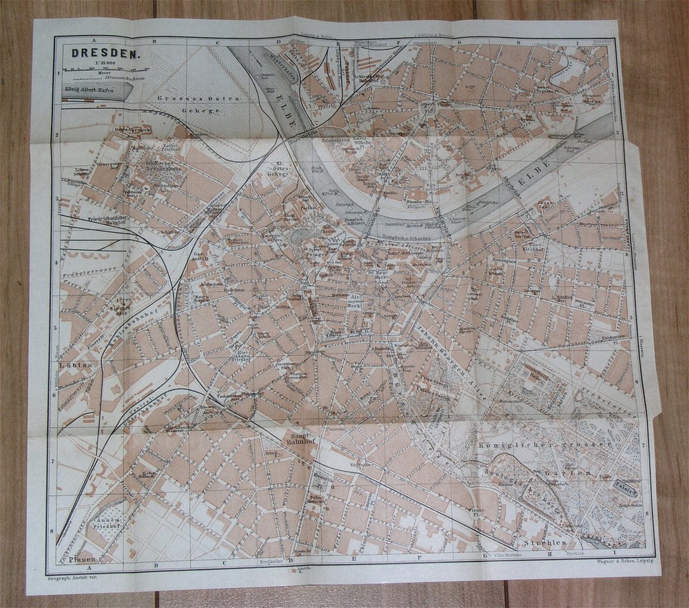 1900 Antique City Map Of Dresden / Saxony Sachsen / Germany