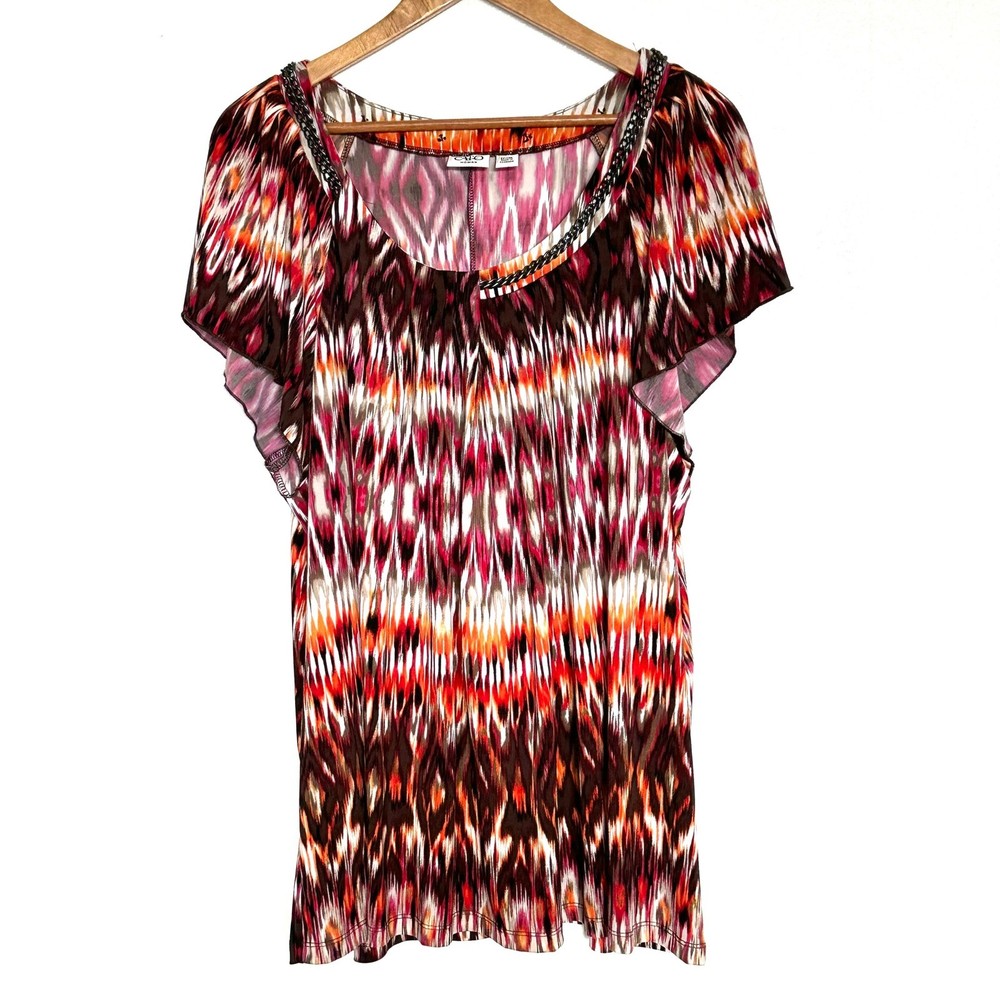 Cato Plus Shirt Women's Size 22/24W Abstract Beaded Neckline Short Sleeve Top