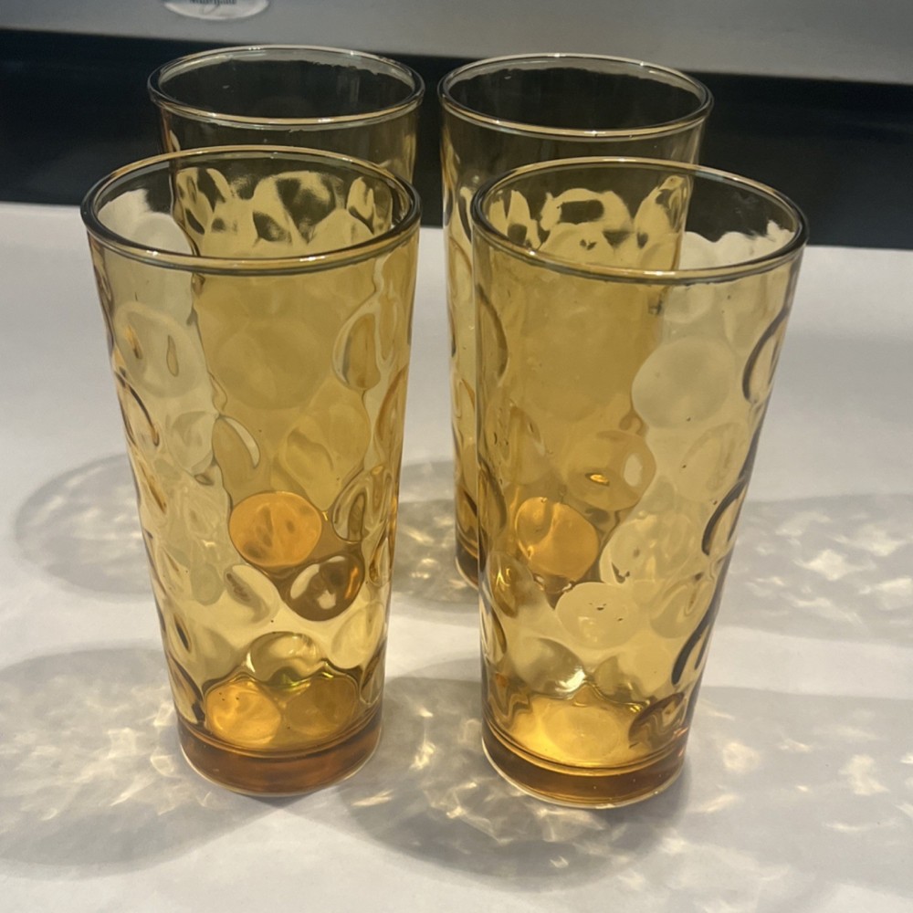 Set of 4 Vintage Amber Glass Tumbler Round Drinking Glasses