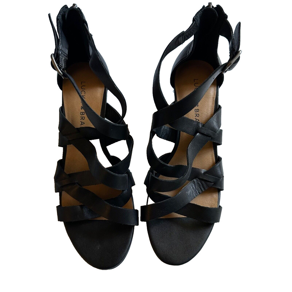 Lucky Brand Womens Black Leather Strappy Zip Up Wedge Sandals Size 6.5 Gladiator