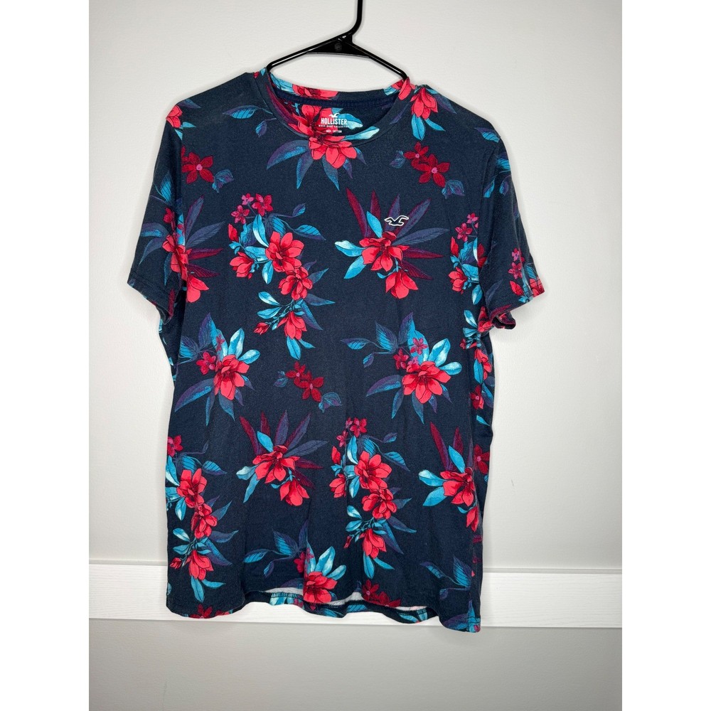 Hollister T-Shirt Mens Large Navy Aqua Red Floral Tropical Short Sleeve Cotton