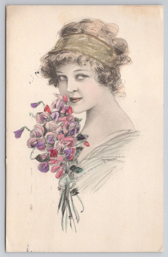 1912 Sweet Pea Flowers Woman Art Nouveau Postcard Scranton PA to Cortez