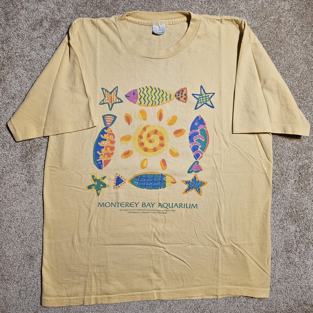 Vtg 90s On-White Monterey Aquarium Large Single Stitch T-shirt Pastel Fish Art