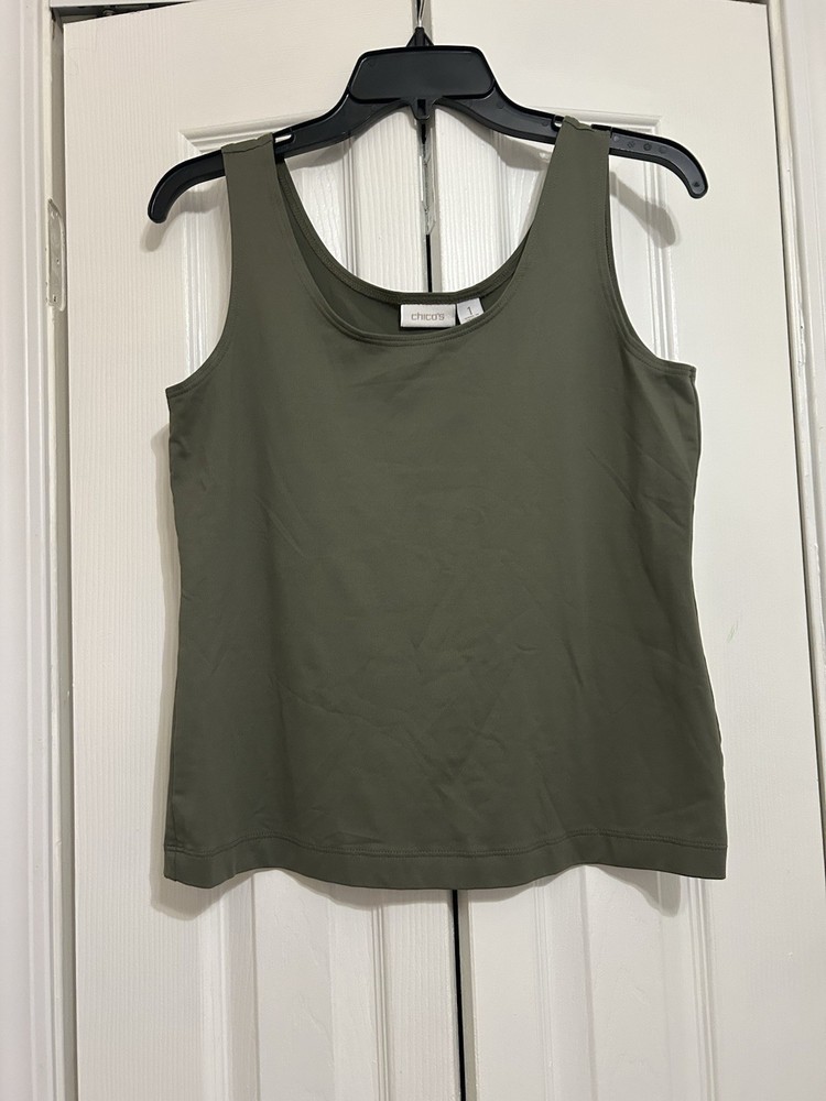 Chico's Women's Olive Green Sleeveless Knit Tank Scoop Neck Stretch Top Size M