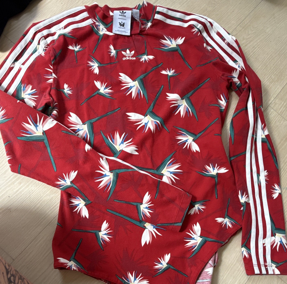 adidas x Thebe Magugu Red Floral Knit Round Neck Long Sleeve Top Size L