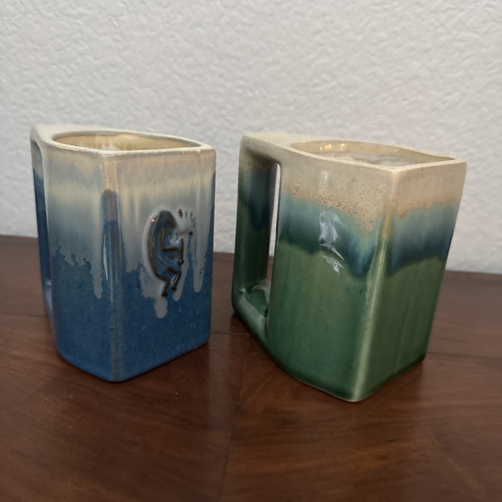 Set Of 2 Vintage Rodolfo  Padilla Kokopelli Drip-Glaze Stoneware Mugs 90s
