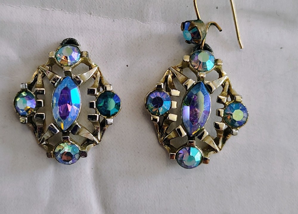 Vintage Aurora Borealis Rhinestone Dangle Earrings Gold Tone Blue AB Navette